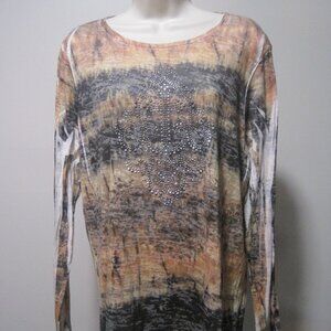 Reba Women's Black & Brown Tie Dye Long Sleeve Top Rhinestone Design X Large